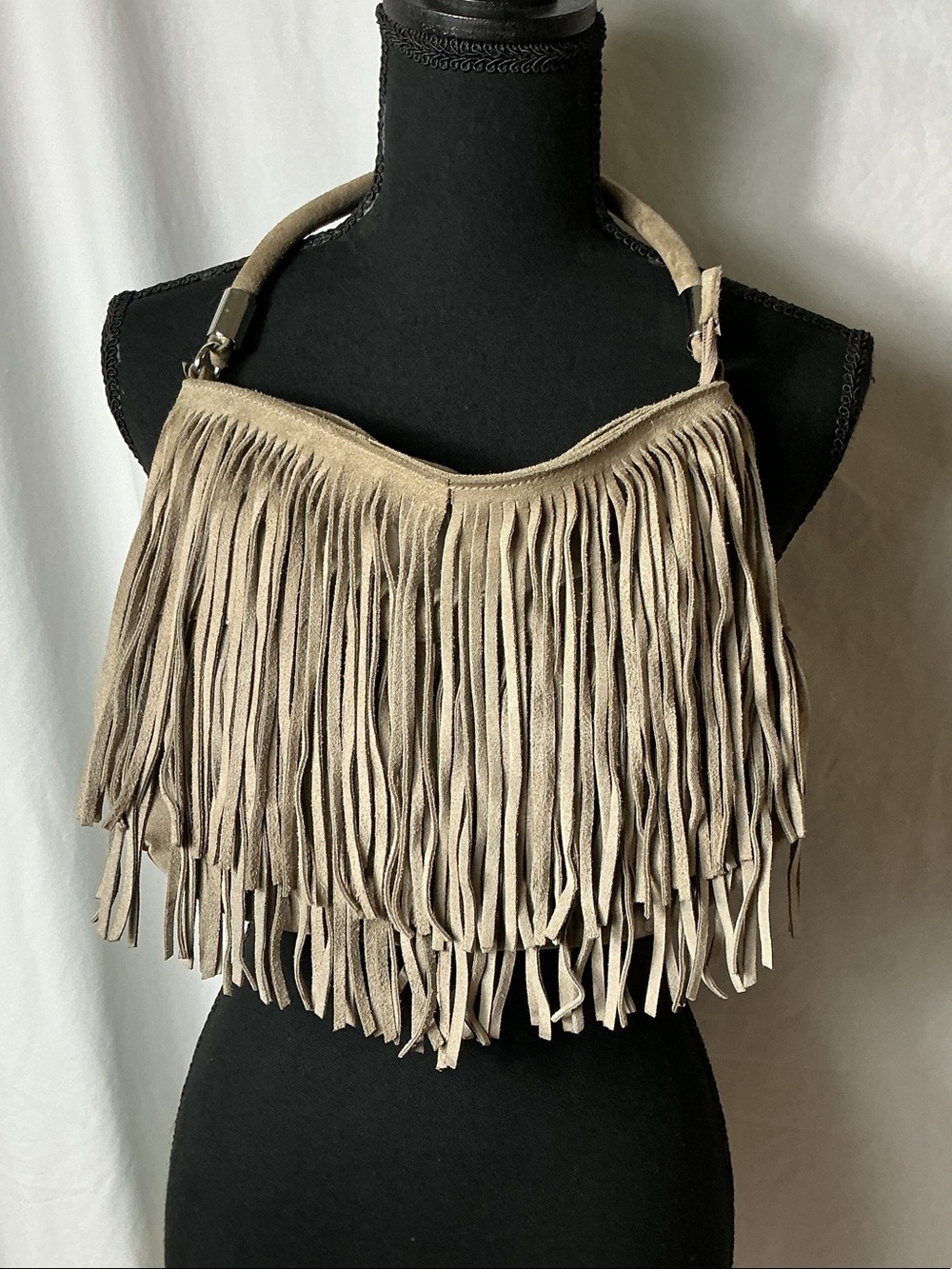 Prune Taupe Suede Fringe Shoulder Bag